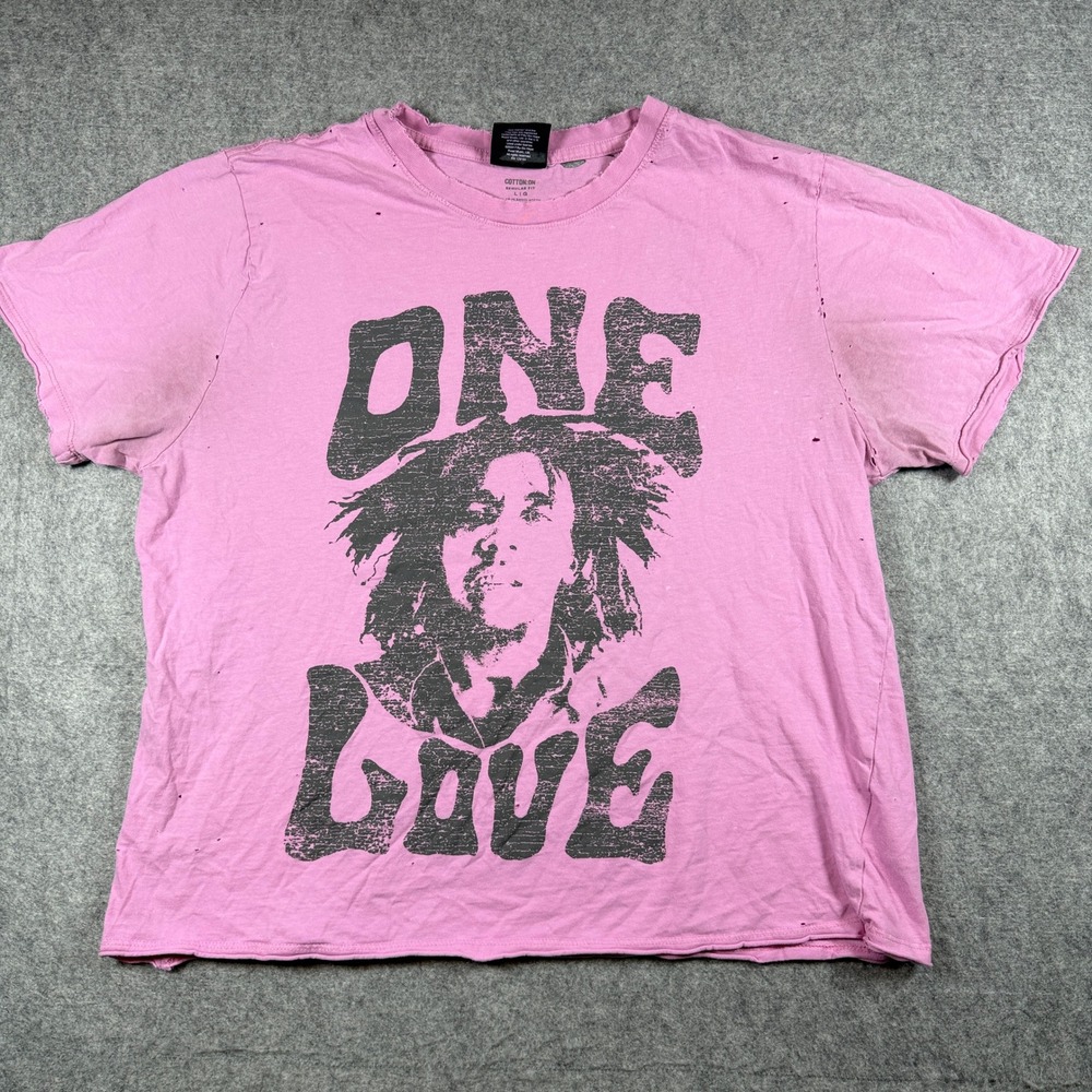 Cotton On Unisex Bob Marley One Love Graphic T Shirt L Pink Distressed Cotton